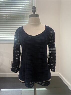 Armani Exchange Navy Sheer Stripe V-Neck Long Sleeve Top